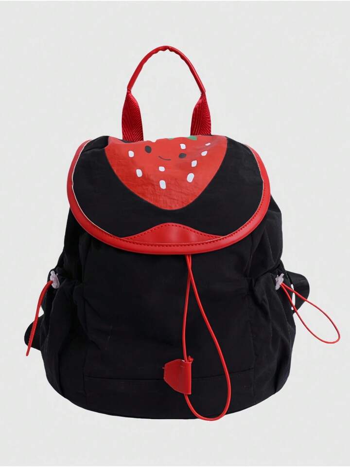1pc Black Kawaii Cute Summer Strawberry Print Fashion Backpack For Women, Suitable For Daily Commute, School, Travel, Etc.