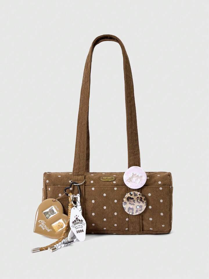 Kawaii 1pc Y2K Retro Polka Dot Print Tote Bag With Badges & Heart Decor, Multi-Pocket One Shoulder Bag, Fashionable & Versatile For Daily, School, Shopping, Travel, Date And More