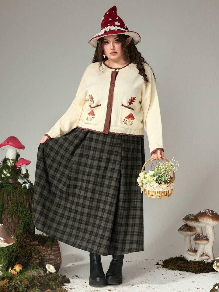 Fairycore Plus Size Fariycore Mushroom, Maple Leaf, Plant Embroidery Contrast Color Beige Knit Cardigan, Elegant Forest Style Plus Size Women Sweater Top, Autumn/Winter