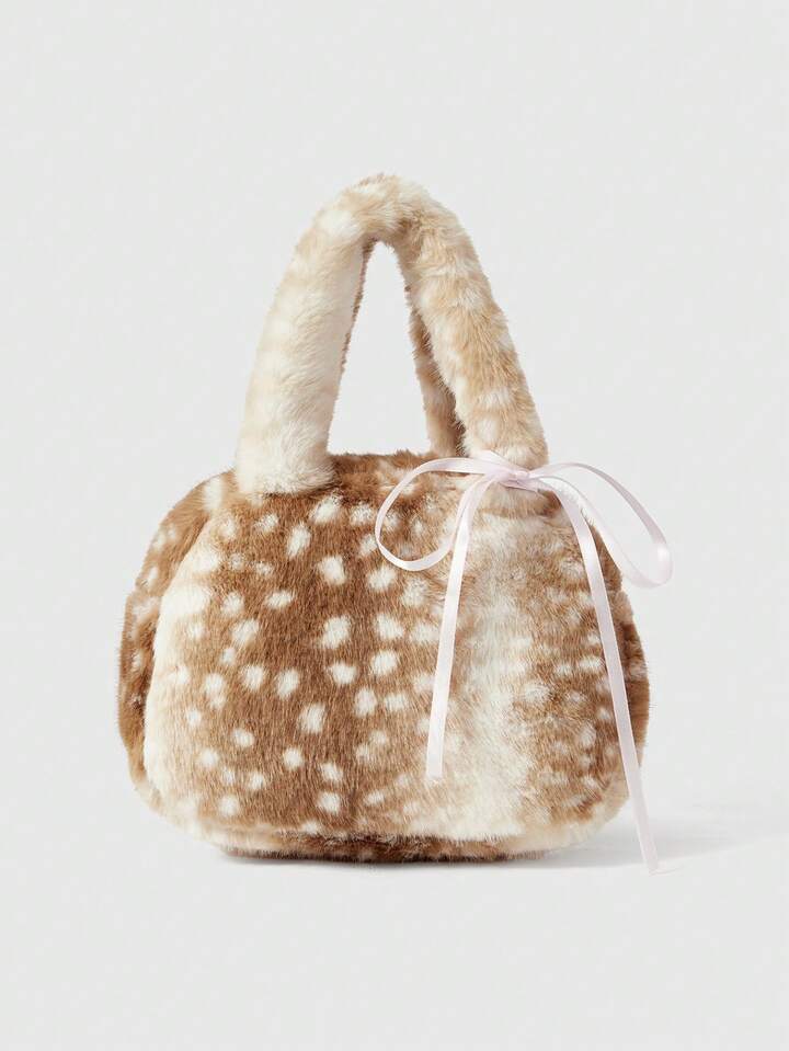 Fairycore 1pc Brown Small Fashionable Portable Plush Lace Bow Cute Ladies Handbag