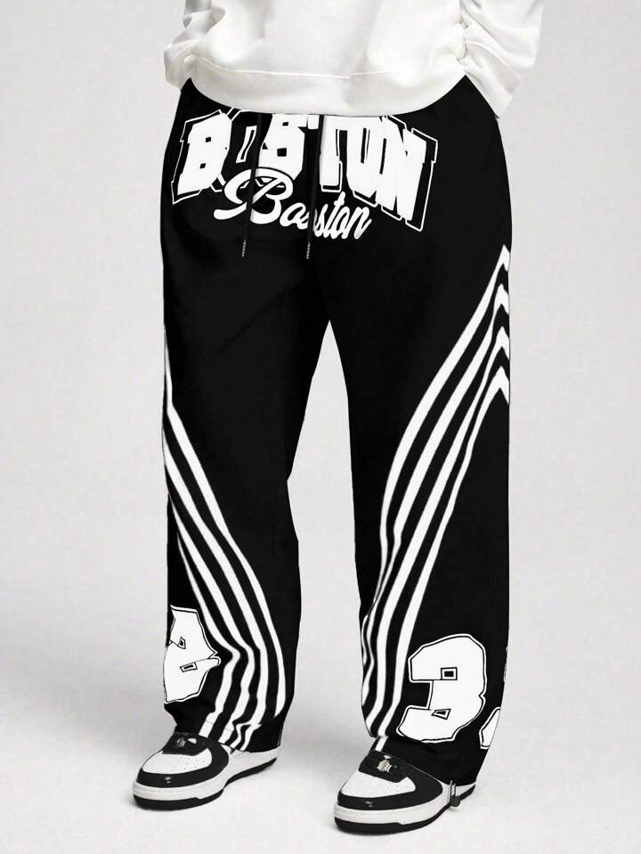 Prep Men's Contrast Stripe Drawstring Waist Letter Graphic Baggy Pants, Fall