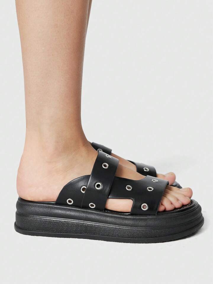 Women's Summer Open Toe Roman Beach Sandals, Punk Rock Gothic Black Slippers, Holiday Platform Chunky Heel Sandals Spring Shoes Spring Break Easter