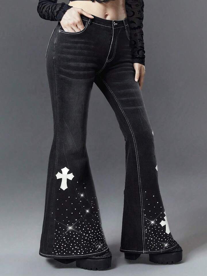 Plus Size Women Gothic Dark Black Washed Cross Rhinestone Decor Casual Flare Leg Jeans
