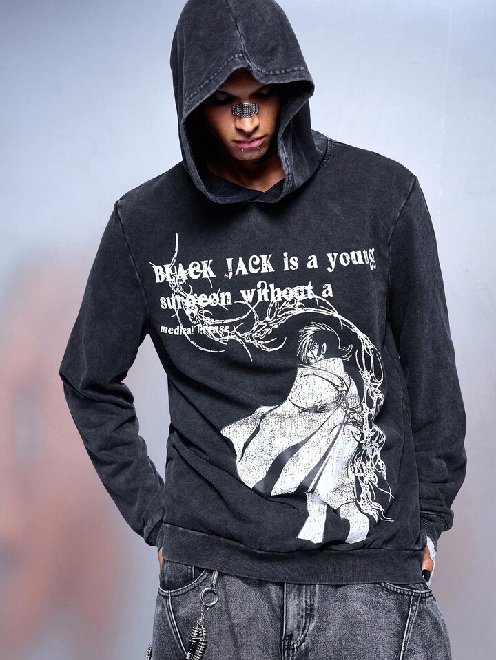 Black Jack X ROMWE Men's Retro Anime Graphic Hooded Sweatshirt, Suitable For Autumn/Winter, Long Sleeve Top