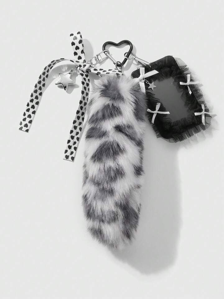 Grunge Punk 1pc Y2K Vintage Sweet Gothic Style Grey Plush Animal Leopard Print Fake Tail, Leather Heart Bowknot, CCB Star Net Yarn Lace Card Holder, DIY Keychain Bag Pendant, Suitable For Office Workers, Students And Daily Wear, Holiday Gift, Halloween