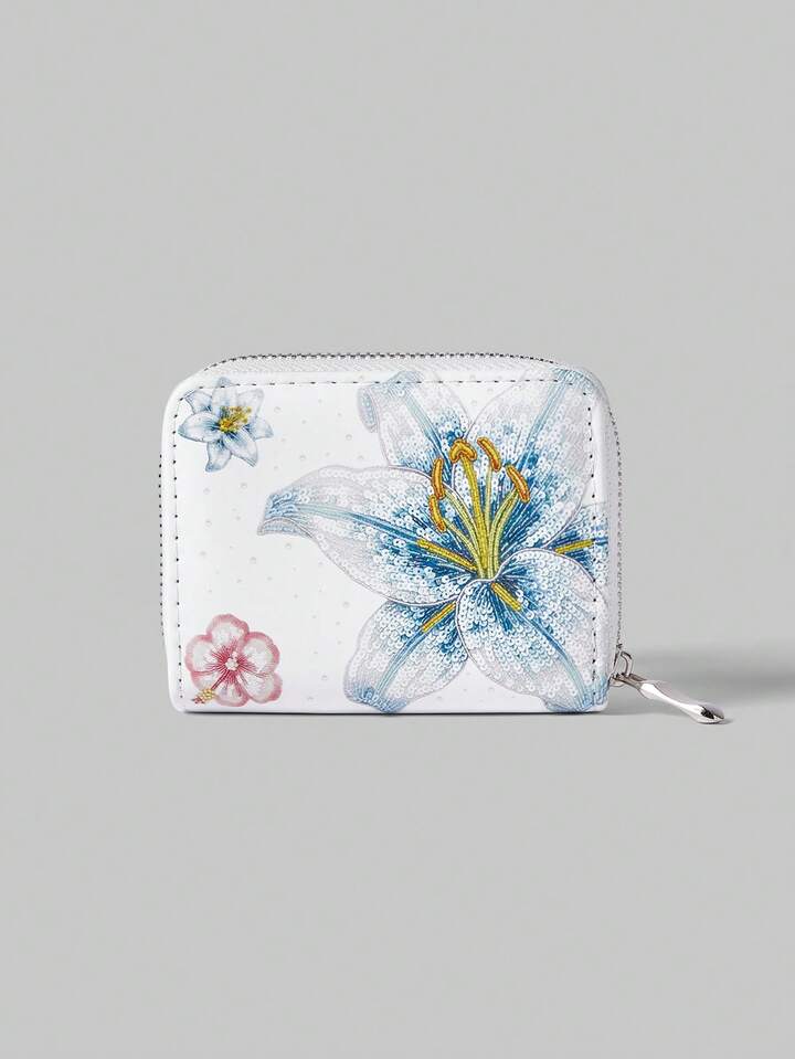 Goth 1Pc Crystal Flower Design Minimalist Style Zipper Coin Wallet, Suitable For Women