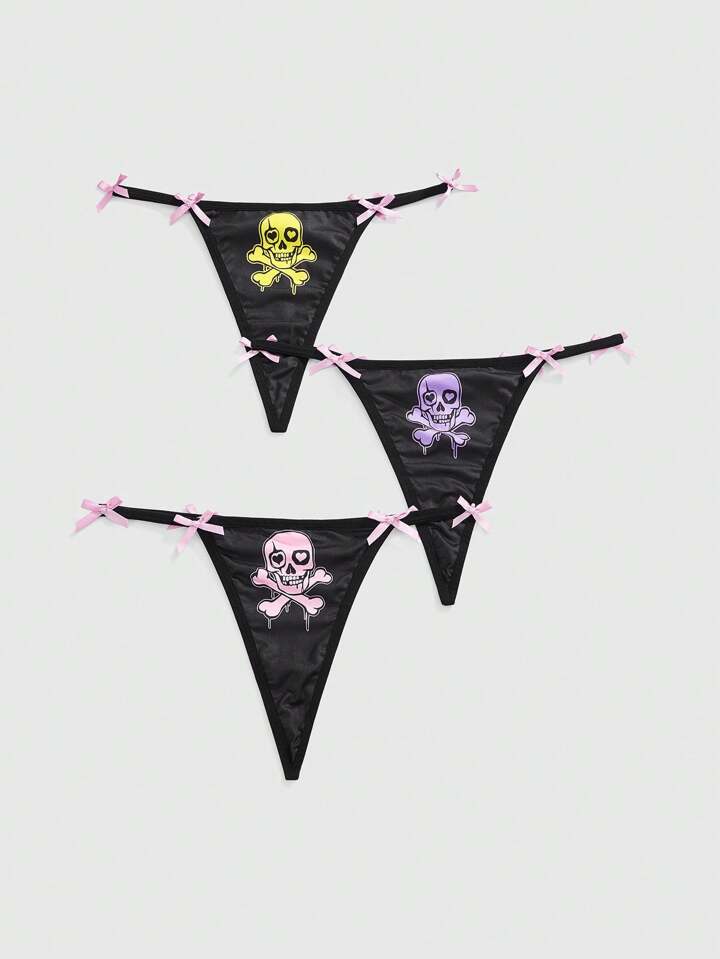3pcs/Set Skull Design Bow Metal Detail Thongs Panty