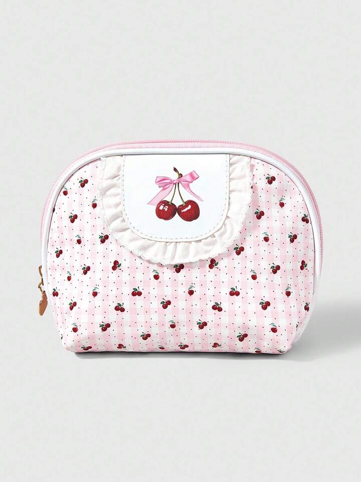 Kawaii 1pc White Lace & Polka Dot Cherry Pattern Large Capacity Portable Semicircle Cosmetic Bag