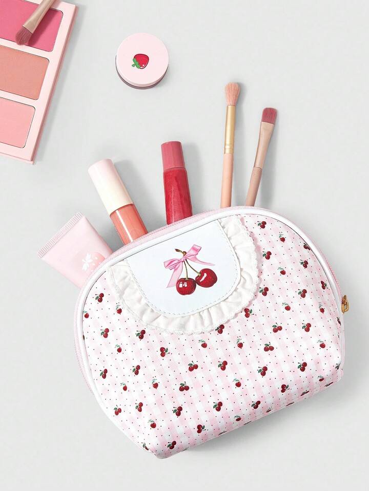 Kawaii 1pc White Lace & Polka Dot Cherry Pattern Large Capacity Portable Semicircle Cosmetic Bag 2 Kawaii 1pc White Lace & Polka Dot Cherry Pattern Large Capacity Portable Semicircle Cosmetic Bag