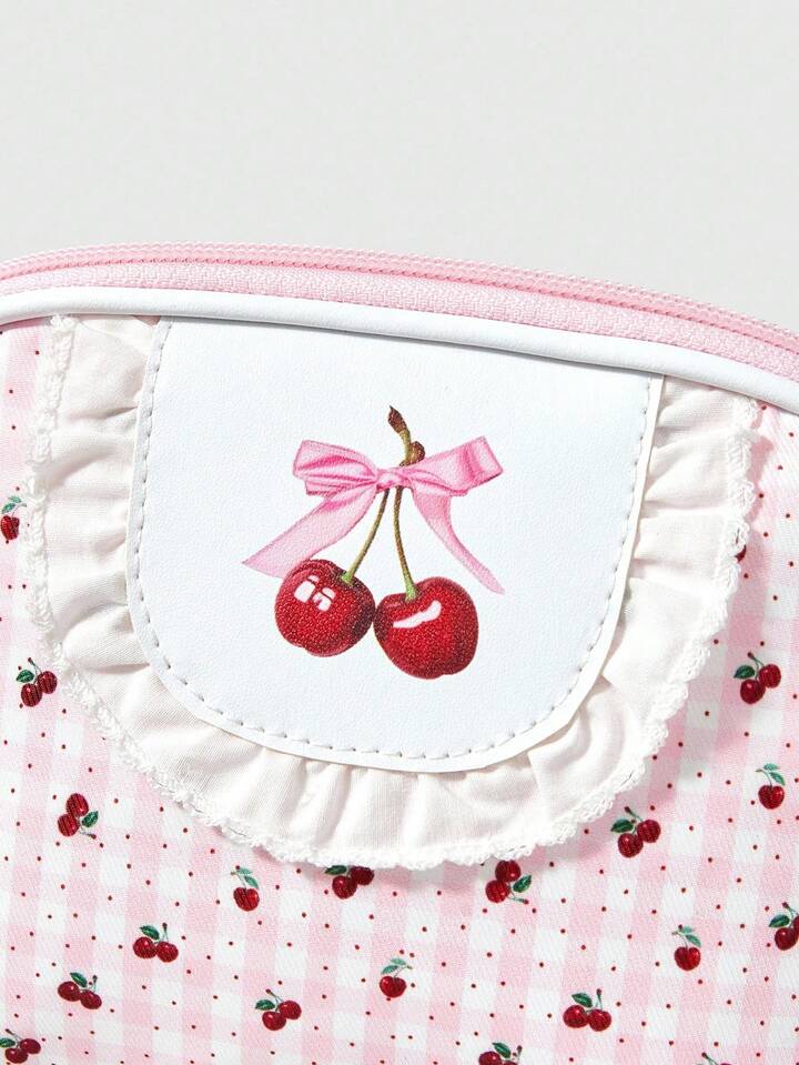 Kawaii 1pc White Lace & Polka Dot Cherry Pattern Large Capacity Portable Semicircle Cosmetic Bag 3 Kawaii 1pc White Lace & Polka Dot Cherry Pattern Large Capacity Portable Semicircle Cosmetic Bag