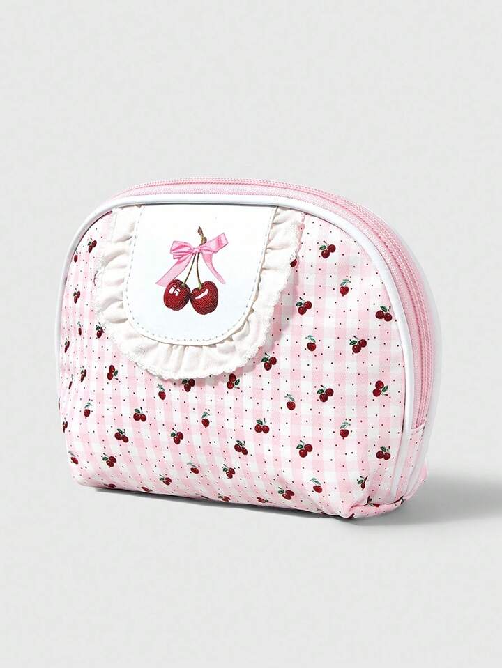Kawaii 1pc White Lace & Polka Dot Cherry Pattern Large Capacity Portable Semicircle Cosmetic Bag 4 Kawaii 1pc White Lace & Polka Dot Cherry Pattern Large Capacity Portable Semicircle Cosmetic Bag