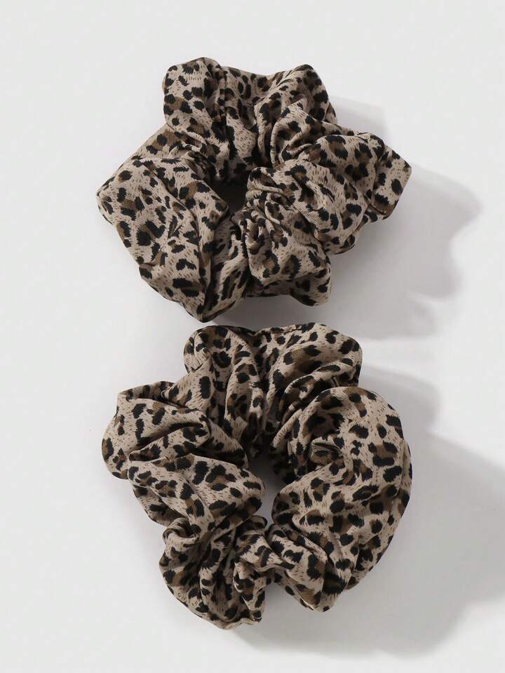 Kawaii 2pcs Vintage Chic Sophisticated Versatile Charming Highly Attractive Brown Leopard Print Hair Scrunchies Set, Suitable For Women & Girls Daily Wear, Holiday Gift Hair Ties Ponytail Holders Hair Elastics Hair Rope