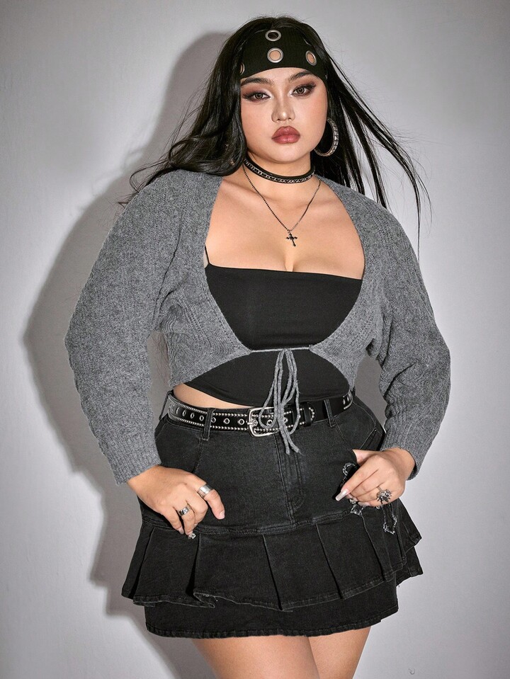 Plus Size Casual Versatile Slimming Cropped Knit Cardigan, Autumn/Winter