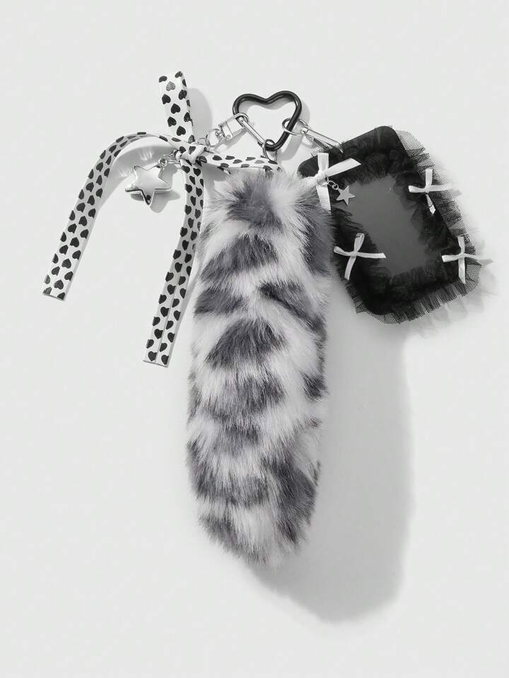Grunge Punk 1pc Y2K Vintage Sweet Gothic Style Grey Plush Animal Leopard Print Fake Tail, Leather Heart Bowknot, CCB Star Net Yarn Lace Card Holder, DIY Keychain Bag Pendant, Suitable For Office Workers, Students And Daily Wear, Holiday Gift, Halloween
