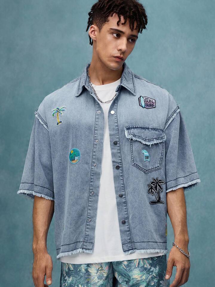Casual Street Life Men's Boxy Fit Printed Denim Top, Denim Short Sleeve Shirt