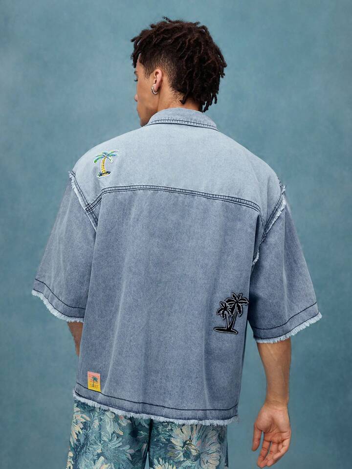 Casual Street Life Men's Boxy Fit Printed Denim Top, Denim Short Sleeve Shirt