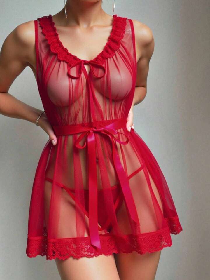 ROMWE Avant Women's Sexy Romantic Mesh Lace Bowknot Sheer Nightgown