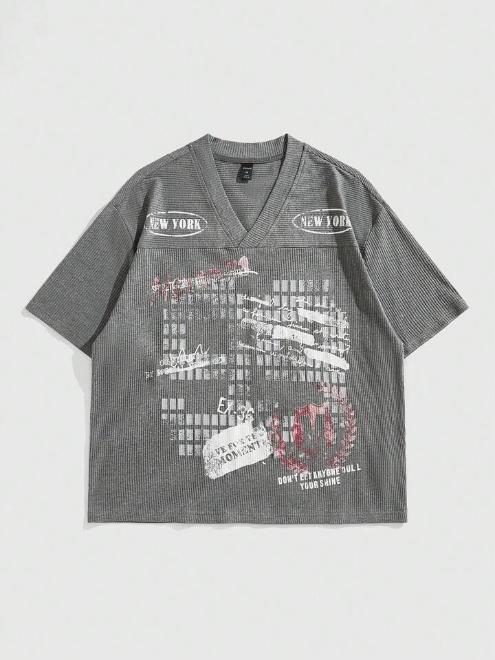 Men's Street Life Letter Print V-Neck Short Sleeve T-Shirt, Casual & Versatile Summer Wear
