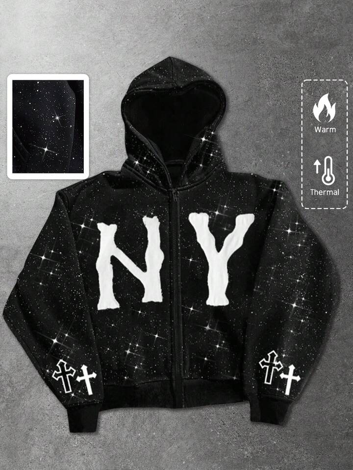 Men's Hooded Zip-Up Letter & Cross Print Loose Casual Sweatshirt