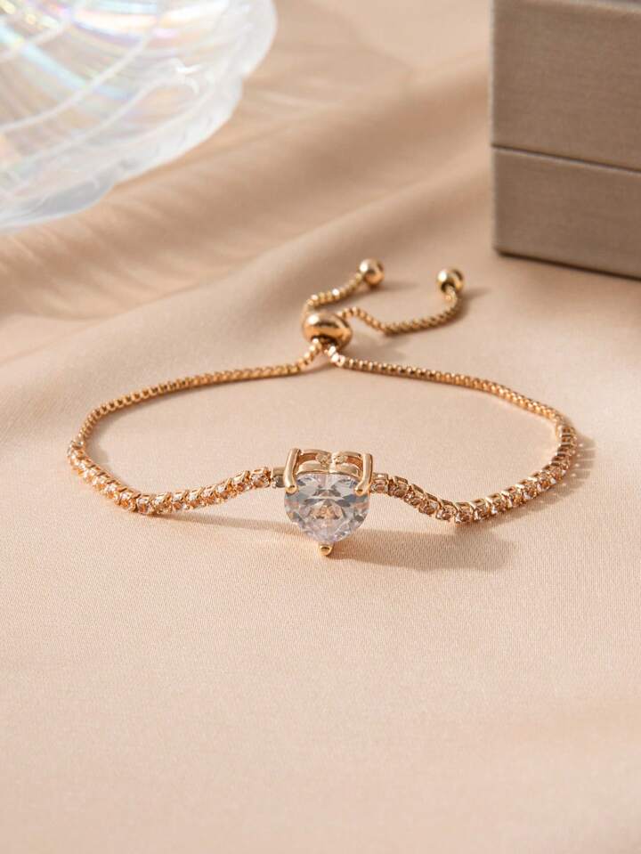1pc Shiny Cubic Zirconia Heart-Shaped Bracelet, Gold/Silver Color Elegant Bracelet For Women 10 1pc Shiny Cubic Zirconia Heart-Shaped Bracelet, Gold/Silver Color Elegant Bracelet For Women