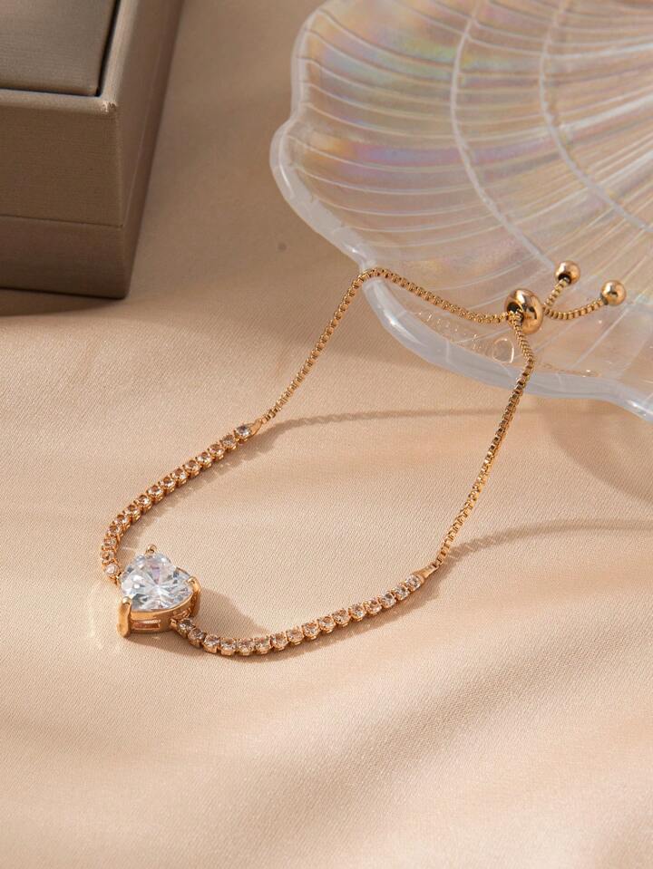 1pc Shiny Cubic Zirconia Heart-Shaped Bracelet, Gold/Silver Color Elegant Bracelet For Women 11 1pc Shiny Cubic Zirconia Heart-Shaped Bracelet, Gold/Silver Color Elegant Bracelet For Women