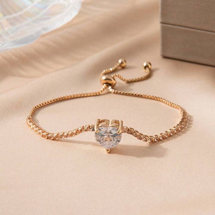1pc Shiny Cubic Zirconia Heart-Shaped Bracelet, Gold/Silver Color Elegant Bracelet For Women 15 1pc Shiny Cubic Zirconia Heart-Shaped Bracelet, Gold/Silver Color Elegant Bracelet For Women