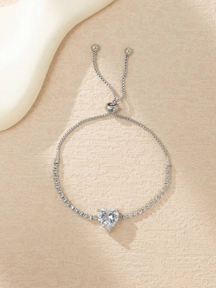 1pc Shiny Cubic Zirconia Heart-Shaped Bracelet, Gold/Silver Color Elegant Bracelet For Women 8 1pc Shiny Cubic Zirconia Heart-Shaped Bracelet, Gold/Silver Color Elegant Bracelet For Women