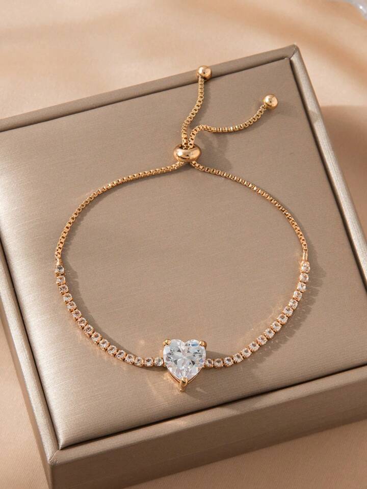 1pc Shiny Cubic Zirconia Heart-Shaped Bracelet, Gold/Silver Color Elegant Bracelet For Women 9 1pc Shiny Cubic Zirconia Heart-Shaped Bracelet, Gold/Silver Color Elegant Bracelet For Women