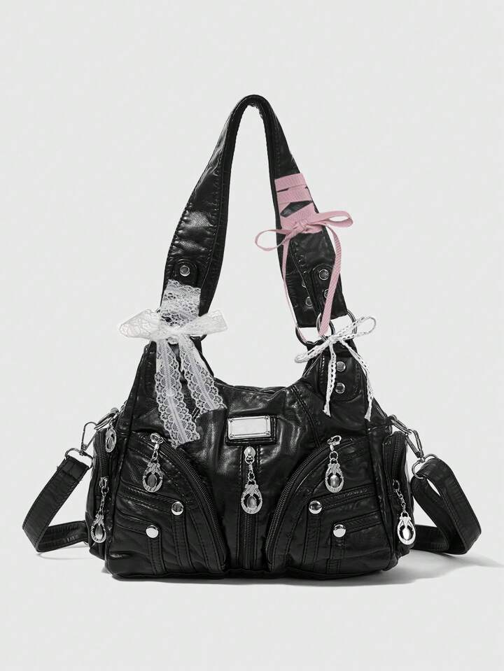Kawaii Punk Style Lace-Up Biker Lady Tote Bag, Casual Crossbody Shoulder Bag For Women, Gothic Style, Halloween, Halloween Bags Perfect For Fancy Party Matching With Halloween Costumes, Best Halloween Gifts For Women