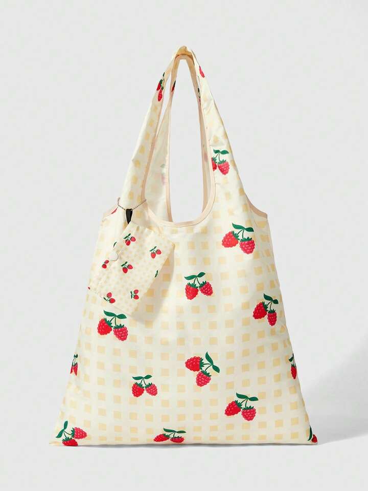 Kawaii Yellow Checkered Strawberry Print Tote Bag, Suitable For Daily Commute