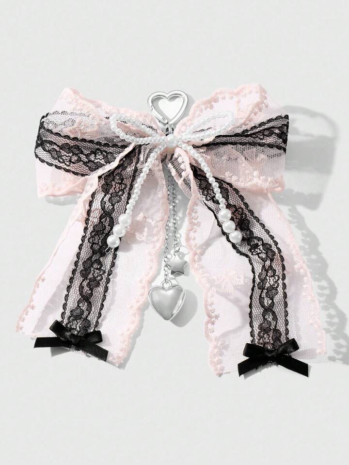 Kawaii 1pc Retro Handmade Beaded White Pearl, Pink & Black Lace Bow, Layered Chain With CCB Heart & Star DIY Keychain/Bag Charm, Stylish & Elegant, Suitable For Women/Girls, Great Gift