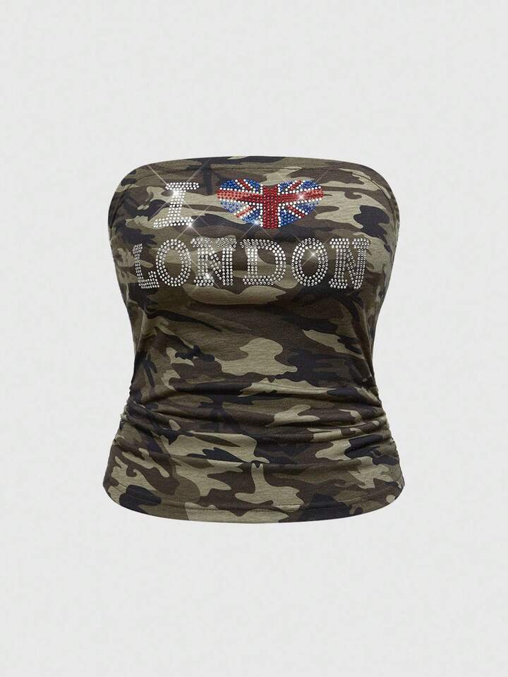 J-Fashion Plus Size Women Camouflage Rhinestone Decor Bandeau Top