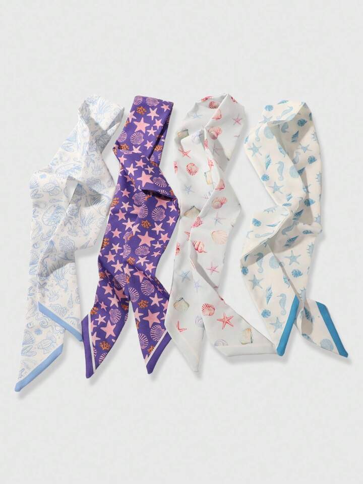 Fairycore 4pcs Summer Seashell, Starfish, Ocean Life Print Cute Girl Hair Scarf Wrap, Bohemian Style For Beach Holiday Decor & Daily Fashion Accessory