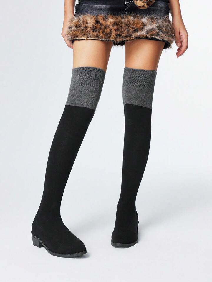 Fairycore Women's Black Elastic Slip-On Fabric Tall Boots, Low Heel Knee-High Riding Boots