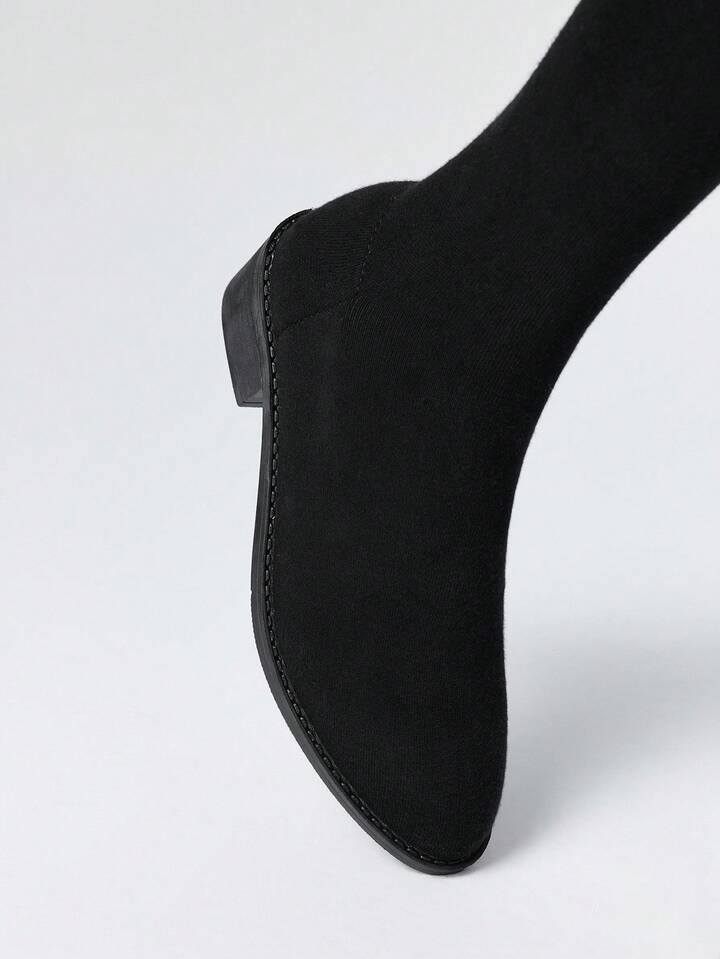 Fairycore Women's Black Elastic Slip-On Fabric Tall Boots, Low Heel Knee-High Riding Boots