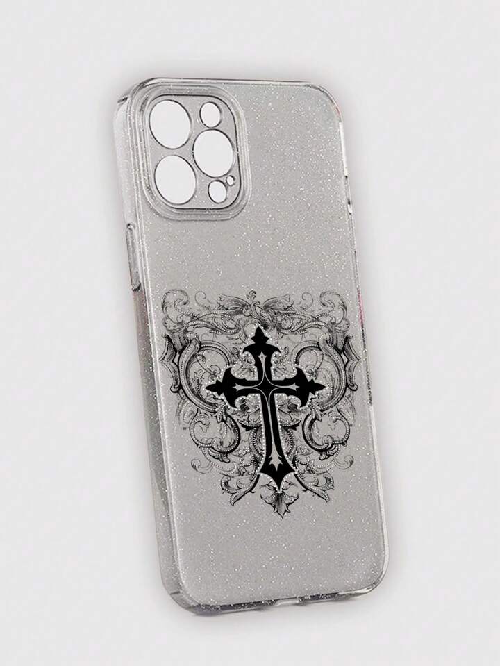1pc Gothic Style Clear Glitter Phone Case With Cross Pattern