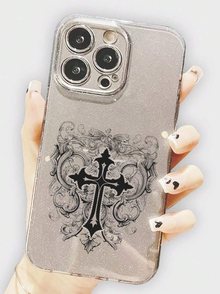 1pc Gothic Style Clear Glitter Phone Case With Cross Pattern