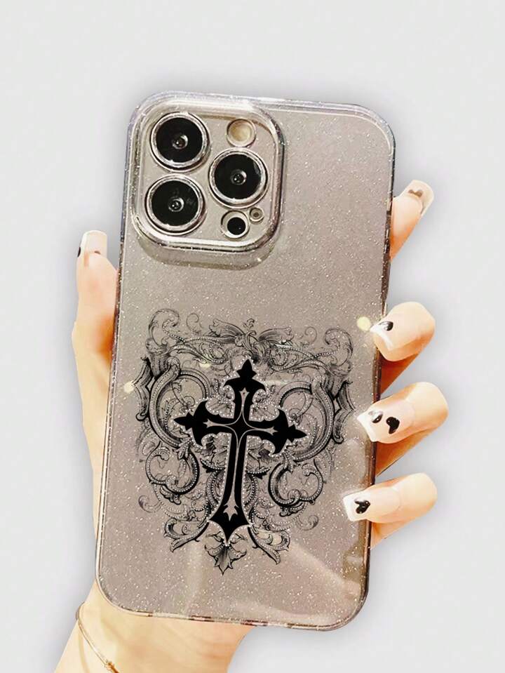 1pc Gothic Style Clear Glitter Phone Case With Cross Pattern