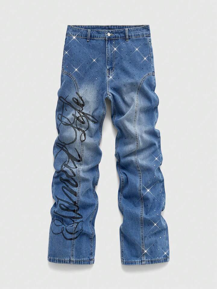 Street Life Men's Slogan Print Denim Jeans, Suitable For Everyday Wear, Spring/Summer