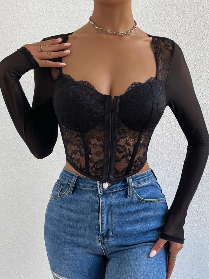 Asymmetrical Hem Crop Bustier Lace Top Fall Cloth For Women