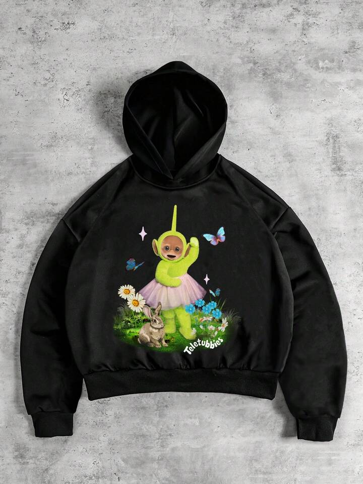 Teletubbies X ROMWE Men's Spring Fall Casual Cartoon Graphic Hooded Black Sweatshirt