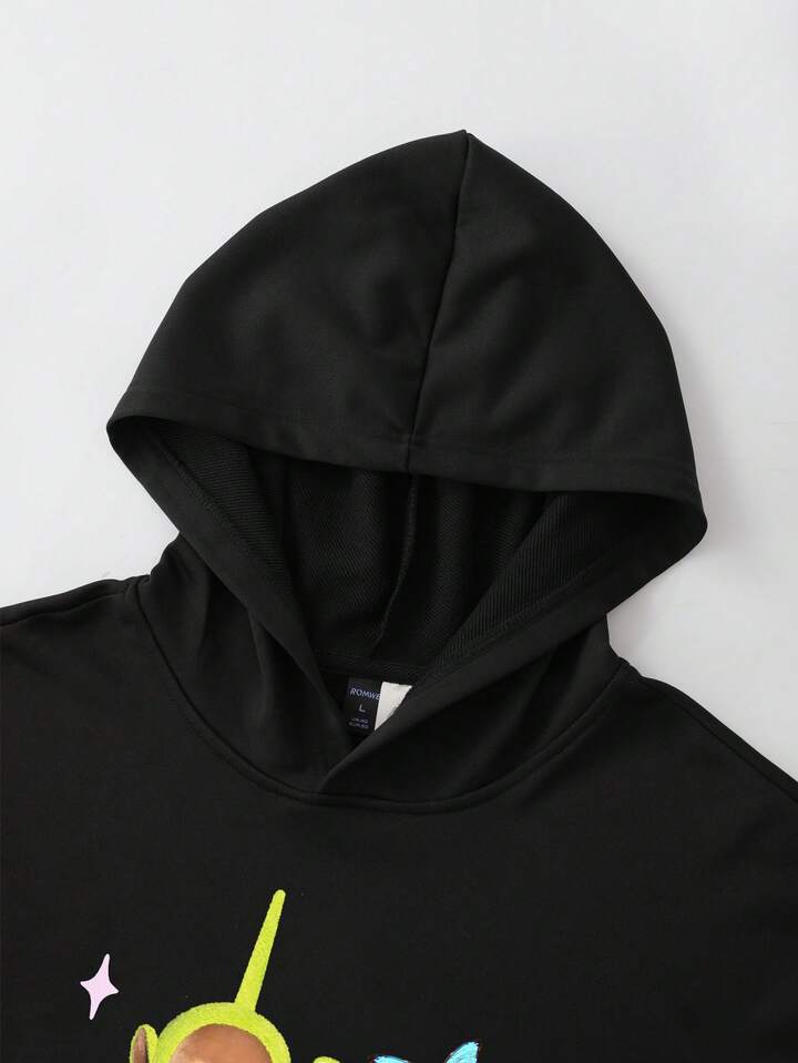 Teletubbies X ROMWE Men's Spring Fall Casual Cartoon Graphic Hooded Black Sweatshirt