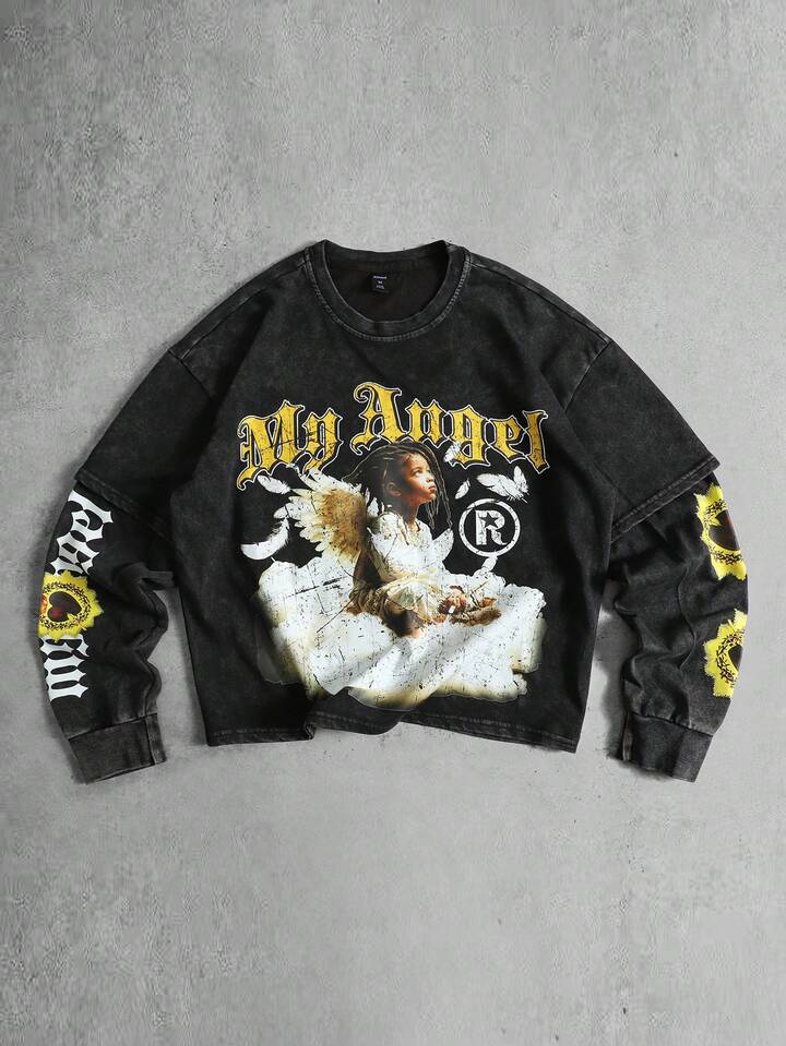 Men's 2 In 1 Washed Print Long Sleeve T-Shirt