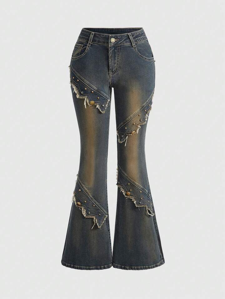 Hippie Women's Retro Y2K Rivet Decor Super Low Waist Sexy Flare Leg Jeans