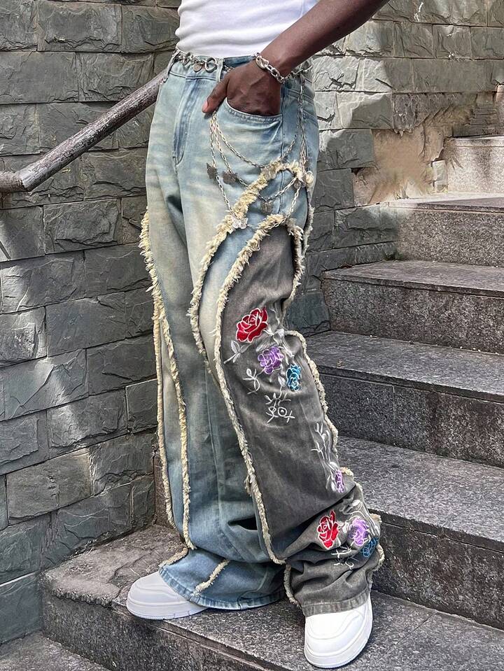 Street Life Men's Washed Distressed Floral Embroidery Patchwork Layered Denim Jeans