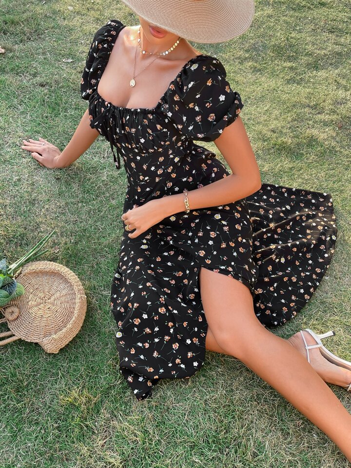 Allover Floral Square Neck Ruched Bust Puff Sleeve Split Thigh Dress Summer Vacation Flower Black Beach