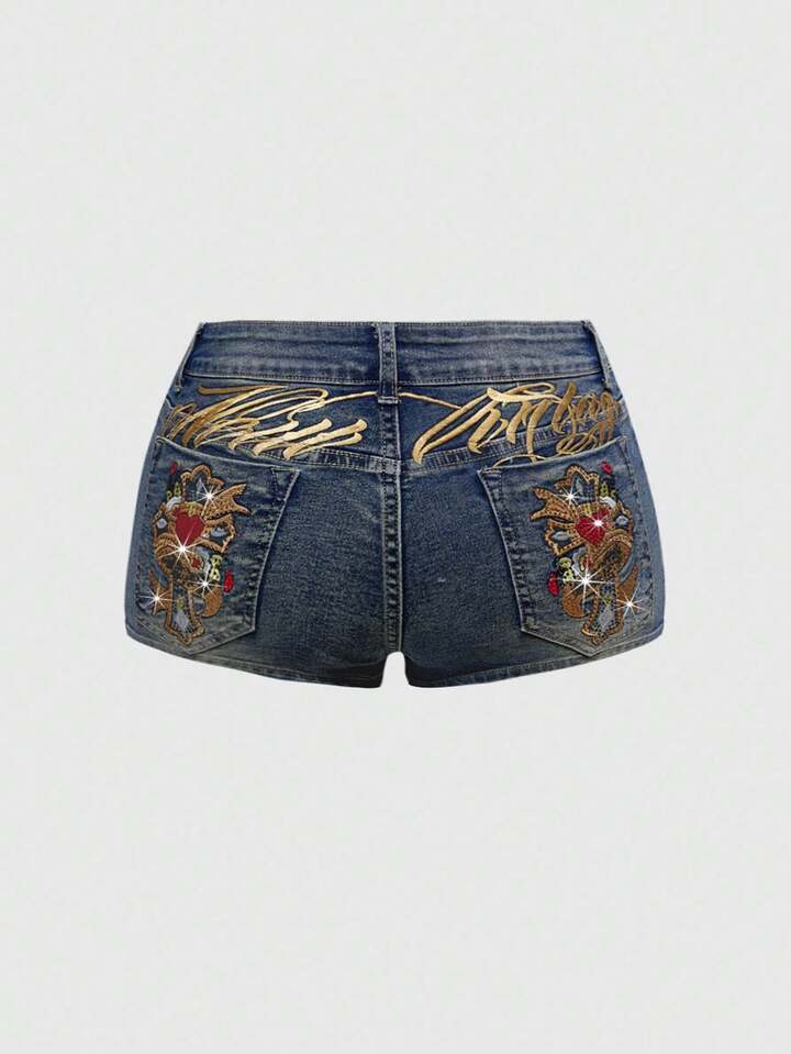 J-Fashion Plus Size Women Retro Y2K Sexy Low Waist Letter Embroidered Heart Cross Rhinestone Distressed Denim Shorts