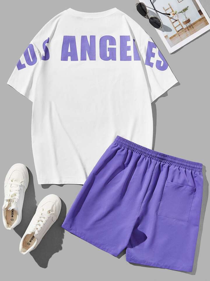 Guys Letter Graphic Tee & Drawstring Waist Shorts