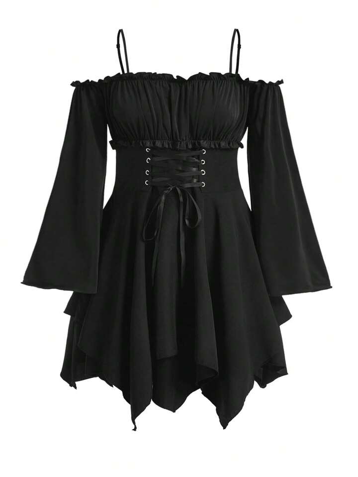Fairycore Plus Size Women Open Shoulder Dress With Waist Tie