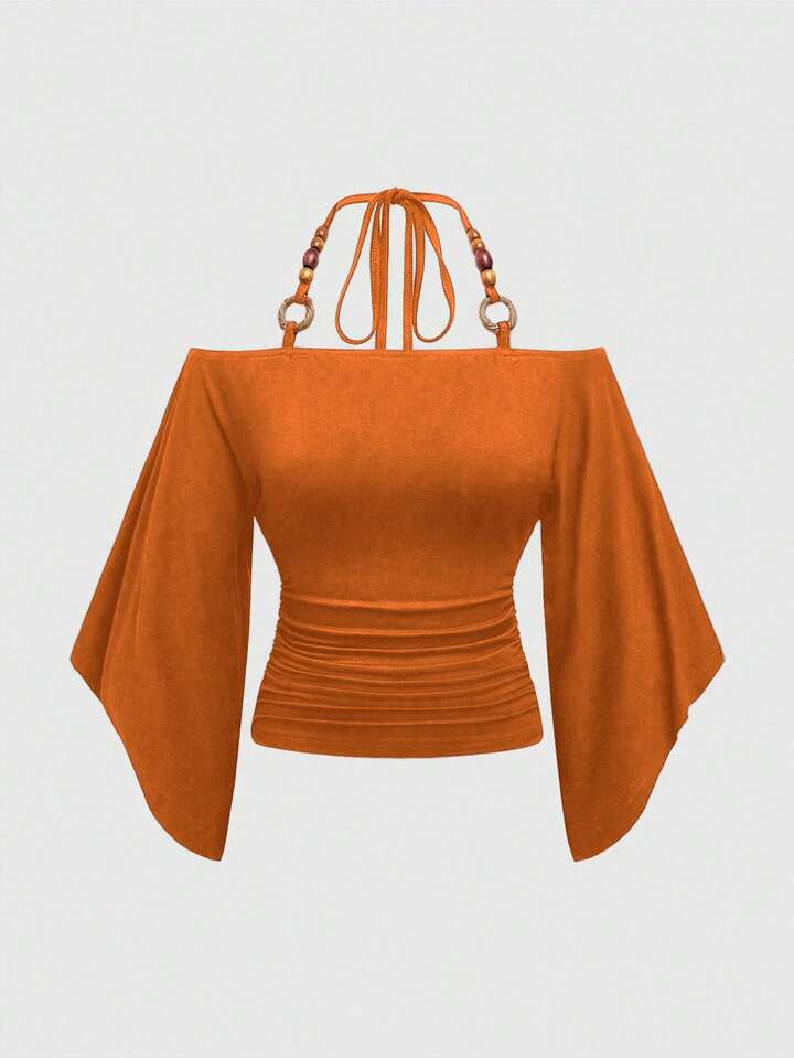 Hippie Vintage Loose Off Shoulder Wooden Bead Decor Batwing Sleeve Women T-Shirt